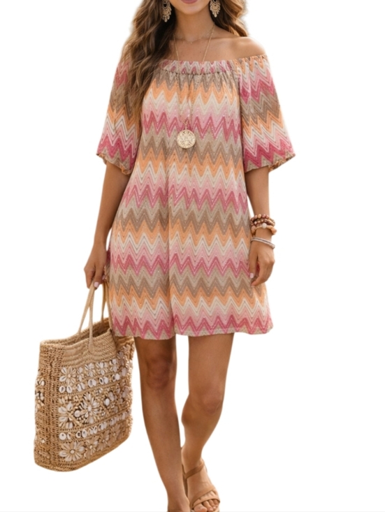 Tacera Dresses & Skirts - Tacera Multicolor Chevron Knit Mini Dress 3/4 Sleeve Retro Boho Size 1X